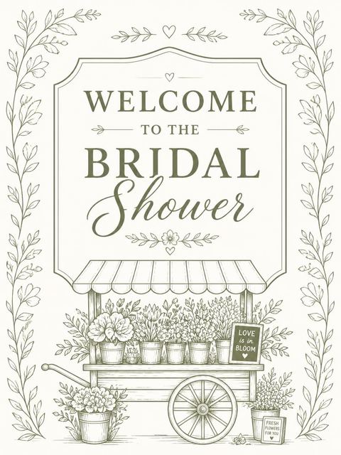 Welcome sign in the Olive Green Floral Market Bridal Shower design