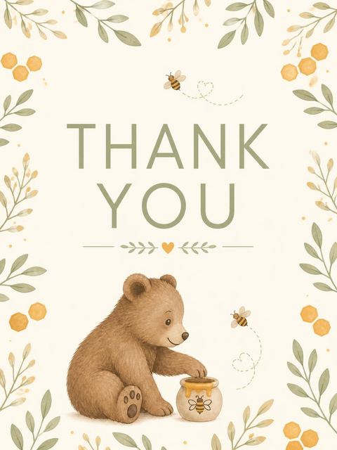 Thank-you flat in the Watercolor Bear Honey Pot 2nd Birthday design