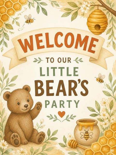 Welcome sign in the Watercolor Bear Honey Pot 2nd Birthday design