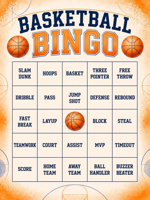 Bingo grid in the Watercolor Basketball Court 5th Birthday design