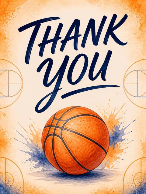 Thank-you flat in the Watercolor Basketball Court 5th Birthday design