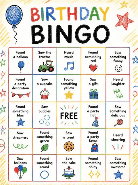 Bingo grid in the Crayon Tractor First Birthday Invitation design