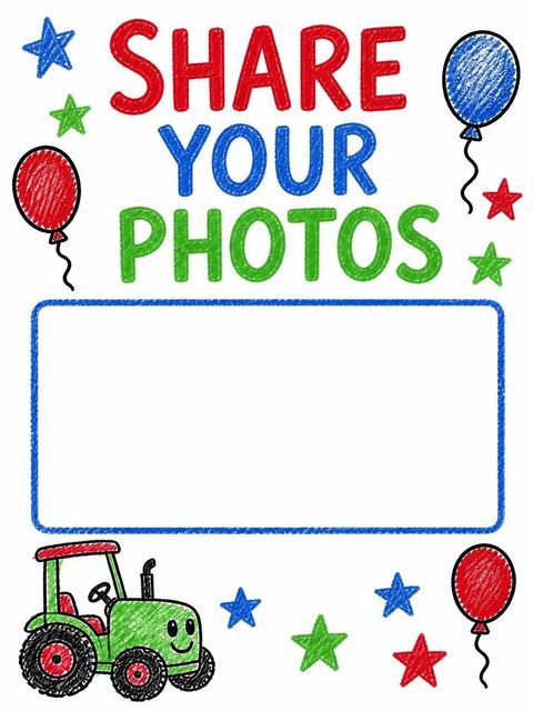 Hashtag card in the Crayon Tractor First Birthday Invitation design