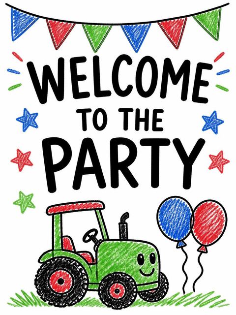 Welcome sign in the Crayon Tractor First Birthday Invitation design