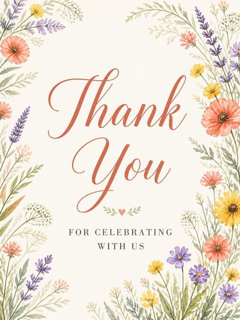 Thank-you flat in the Watercolor Wildflower Botanical Bridal Shower design