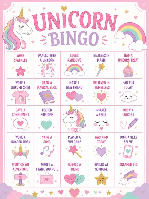 Bingo grid in the Magical Pink Unicorn 5th Birthday design