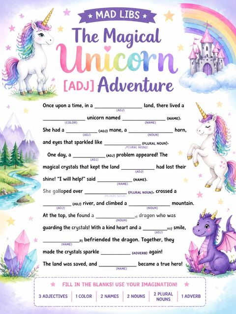Mad libs in the Magical Pink Unicorn 5th Birthday design