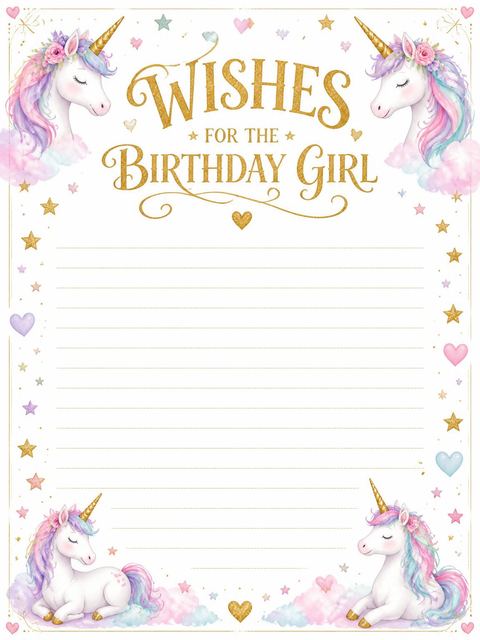 Wishes page in the Magical Pink Unicorn 5th Birthday design