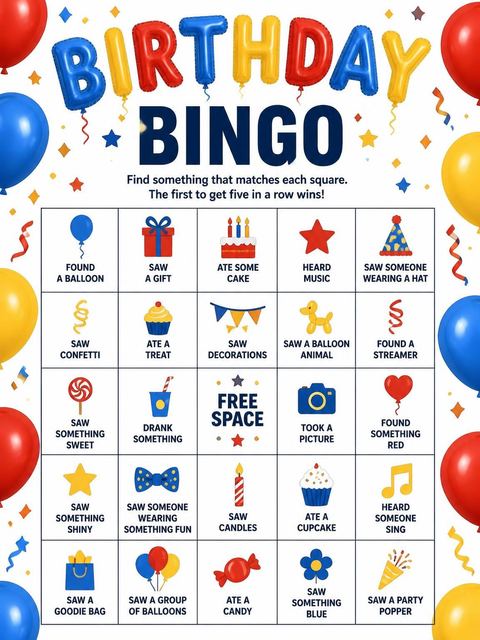 Bingo grid in the Primary Foil Balloon 3rd Birthday Invitation design