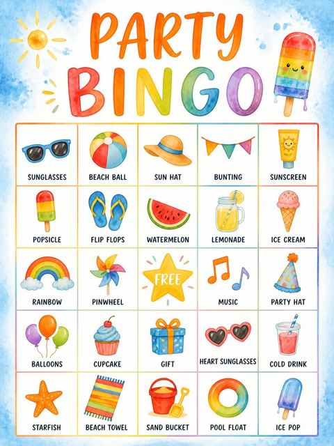 Bingo grid in the Rainbow Popsicle Summer 4th Birthday design