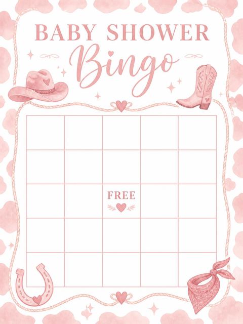 Bingo grid in the Little Pink Cowgirl Baby Shower design