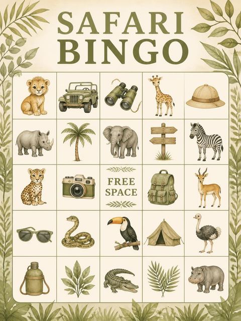Bingo grid in the Watercolor Safari Jeep 5th Birthday design