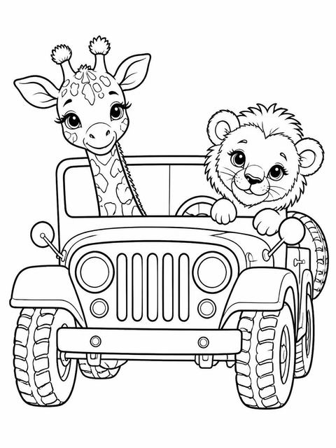 Coloring sheet in the Watercolor Safari Jeep 5th Birthday design
