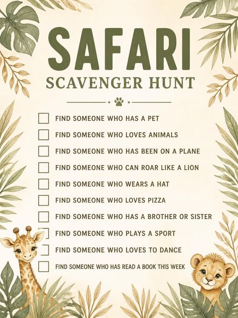Scavenger hunt in the Watercolor Safari Jeep 5th Birthday design