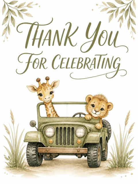 Thank-you flat in the Watercolor Safari Jeep 5th Birthday design