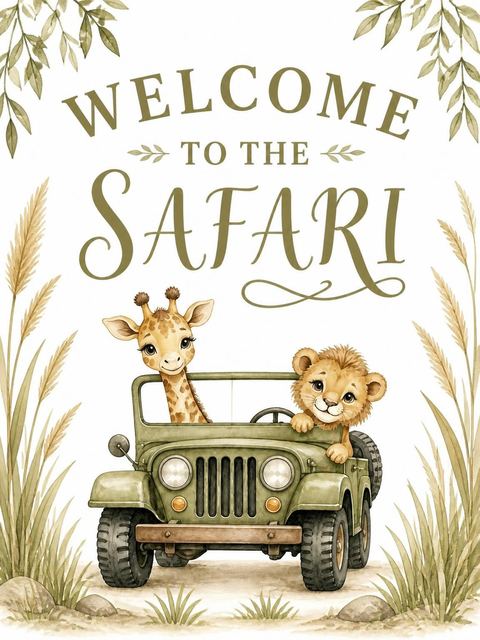Welcome sign in the Watercolor Safari Jeep 5th Birthday design