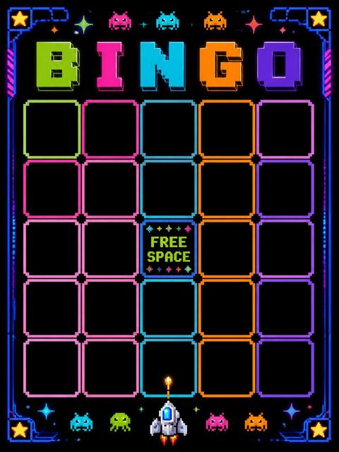 Bingo grid in the Neon Pixel Space 5th Birthday design
