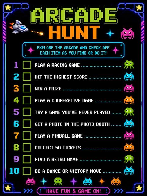 Scavenger hunt in the Neon Pixel Space 5th Birthday design