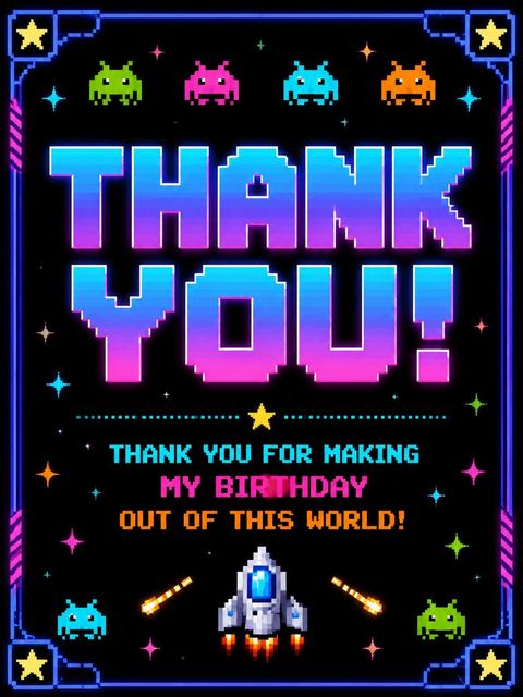 Thank-you flat in the Neon Pixel Space 5th Birthday design