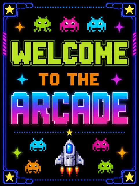 Welcome sign in the Neon Pixel Space 5th Birthday design