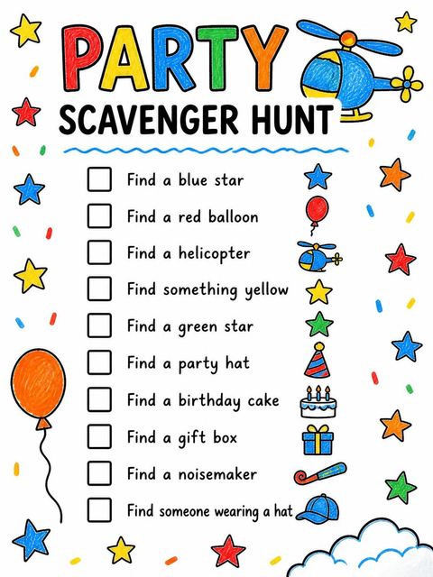 Scavenger hunt in the Blue Crayon Helicopter 6th Birthday design