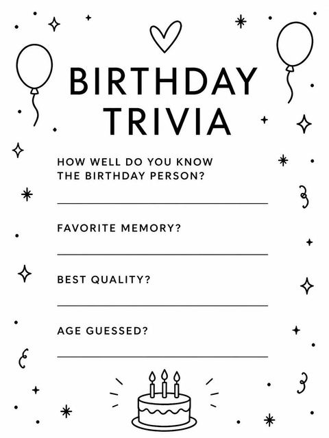 Couples trivia card in the Black Script Minimalist Birthday Invitation design