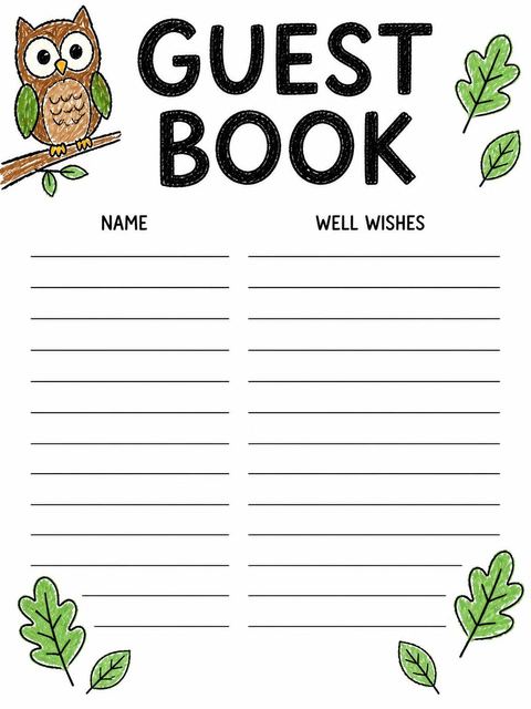 Guest sign-in sheet in the Crayon Woodland Animal 9th Birthday Invitation design