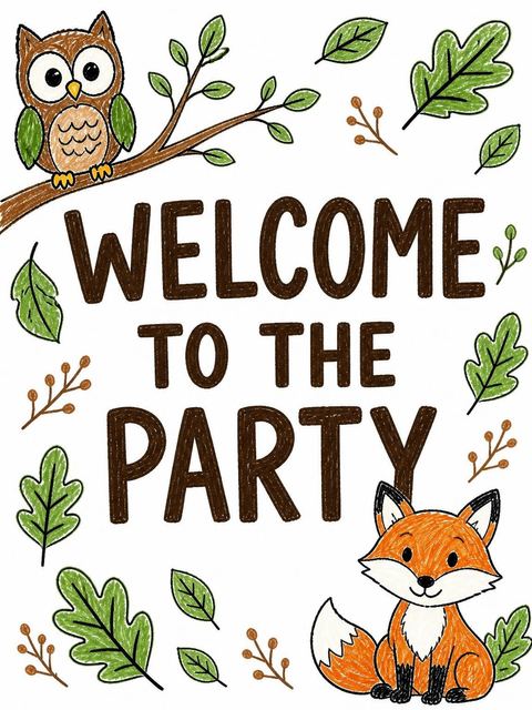 Welcome sign in the Crayon Woodland Animal 9th Birthday Invitation design