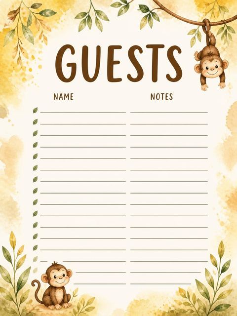 Guest sign-in sheet in the Watercolor Jungle Monkey 5th Birthday design