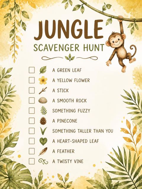 Scavenger hunt in the Watercolor Jungle Monkey 5th Birthday design