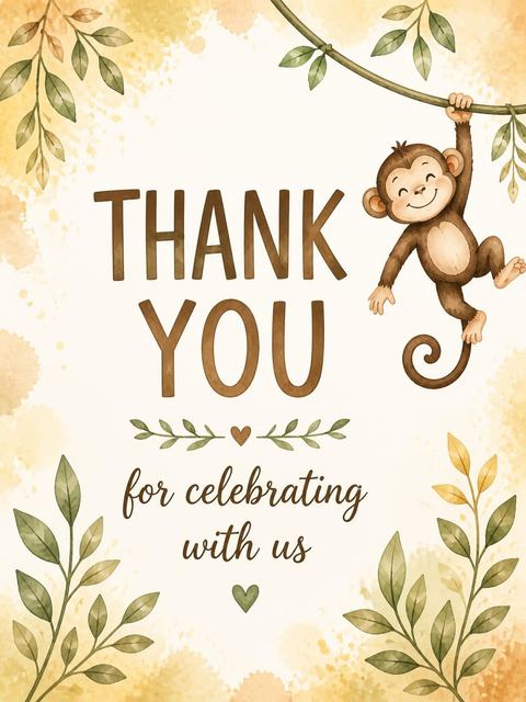 Thank-you flat in the Watercolor Jungle Monkey 5th Birthday design