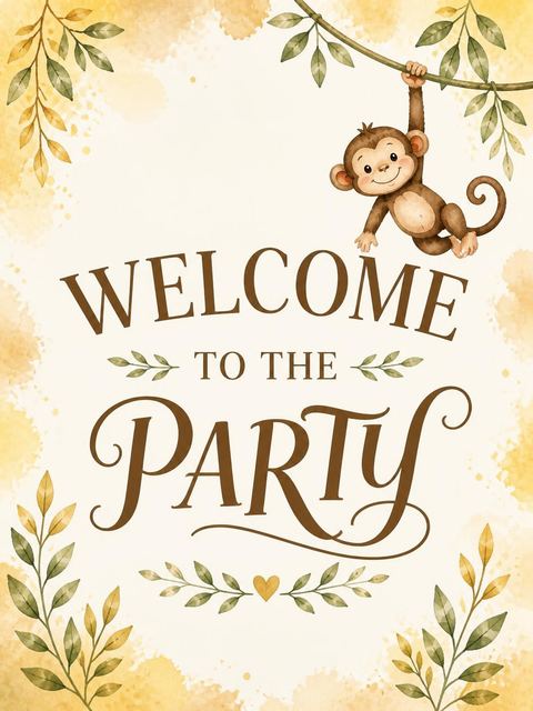 Welcome sign in the Watercolor Jungle Monkey 5th Birthday design