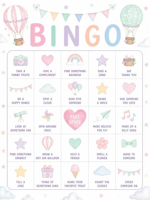 Bingo grid in the Pastel Hot Air Balloon Birthday design
