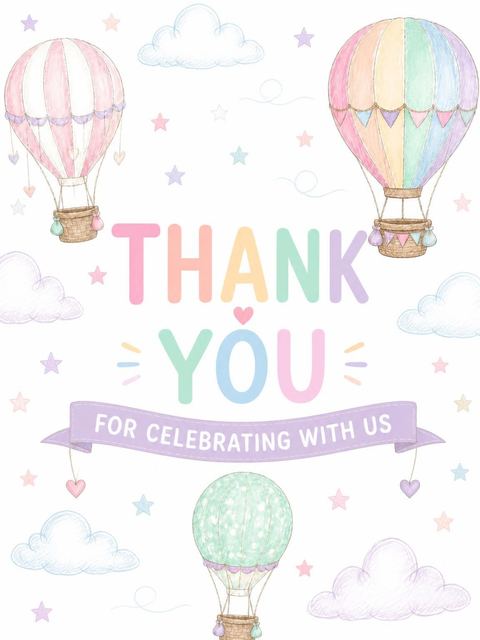 Thank-you flat in the Pastel Hot Air Balloon Birthday design