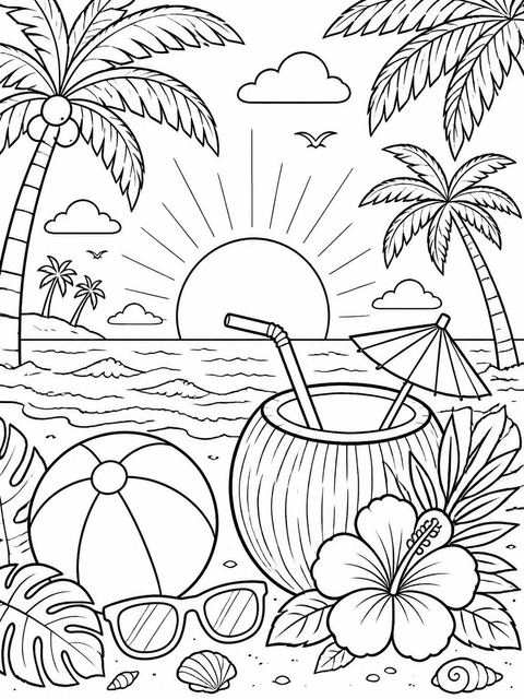 Coloring sheet in the Tropical Coconut Beach Party Invitation design