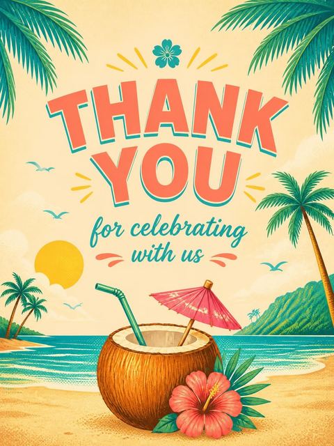 Thank-you flat in the Tropical Coconut Beach Party Invitation design