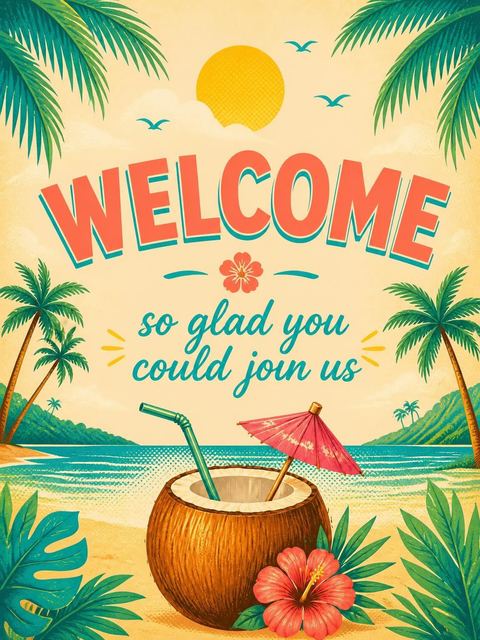Welcome sign in the Tropical Coconut Beach Party Invitation design