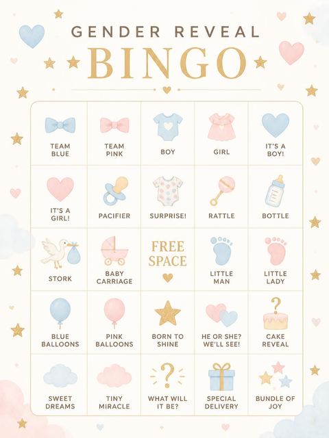 Bingo grid in the Cuddly Teddy Bear Gender Reveal Invitation design
