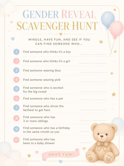 Scavenger hunt in the Cuddly Teddy Bear Gender Reveal Invitation design