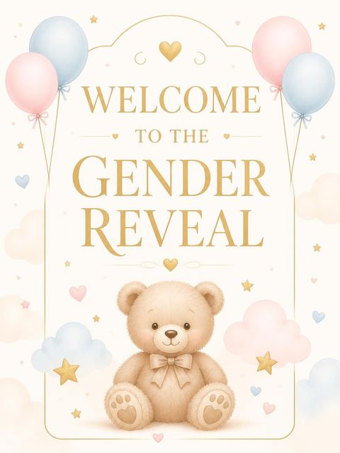 Welcome sign in the Cuddly Teddy Bear Gender Reveal Invitation design