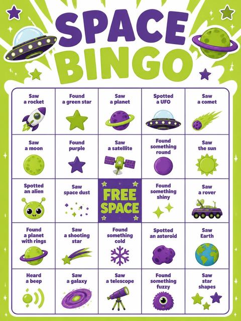 Bingo grid in the Neon Alien Flying Saucer 5th Birthday design