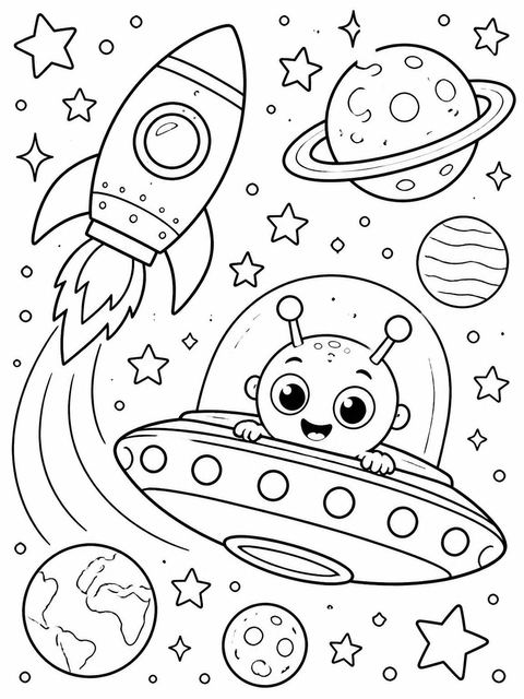 Coloring sheet in the Neon Alien Flying Saucer 5th Birthday design