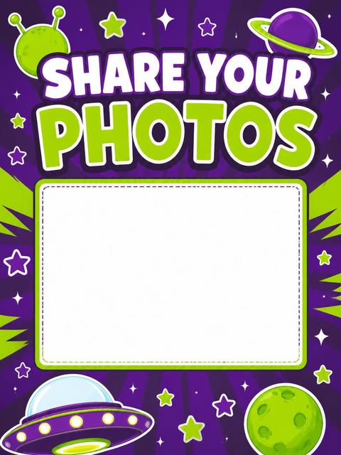 Hashtag card in the Neon Alien Flying Saucer 5th Birthday design