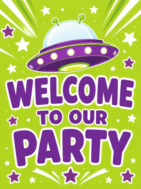 Welcome sign in the Neon Alien Flying Saucer 5th Birthday design