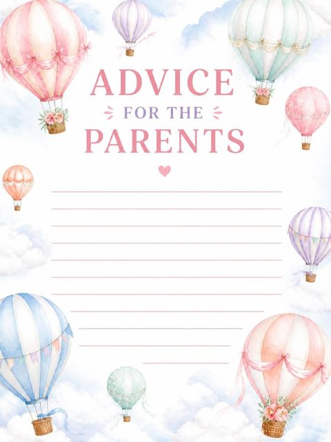 Advice card in the Pastel Watercolor Hot Air Balloon Baby Shower design