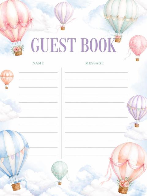 Guest sign-in sheet in the Pastel Watercolor Hot Air Balloon Baby Shower design