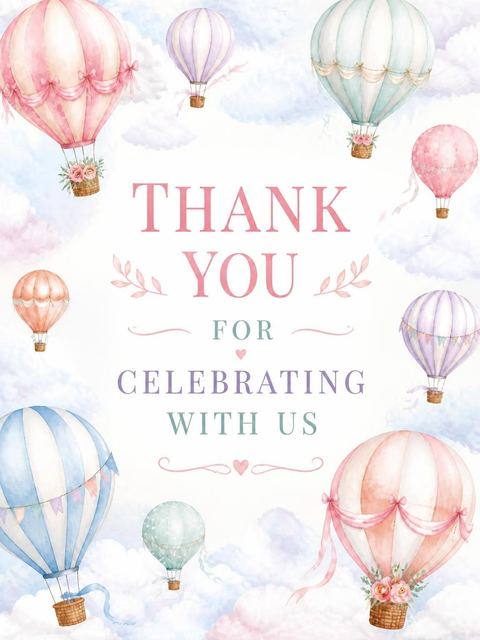 Thank-you flat in the Pastel Watercolor Hot Air Balloon Baby Shower design