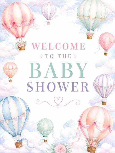 Welcome sign in the Pastel Watercolor Hot Air Balloon Baby Shower design