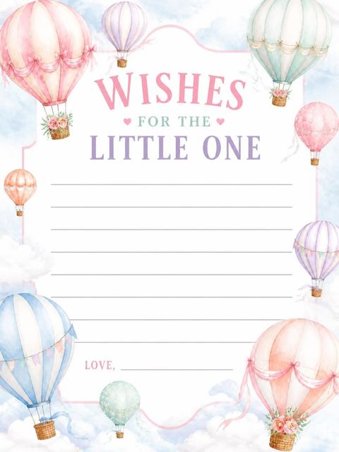 Wishes page in the Pastel Watercolor Hot Air Balloon Baby Shower design
