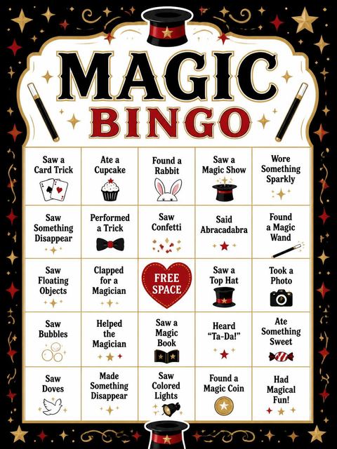 Bingo grid in the Magical Rabbit Top Hat 6th Birthday design